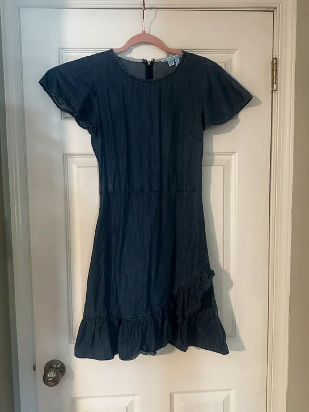 Draper James Chambray Faux Wrap Ruffle Flutter Sleeve Denim Mini Dress